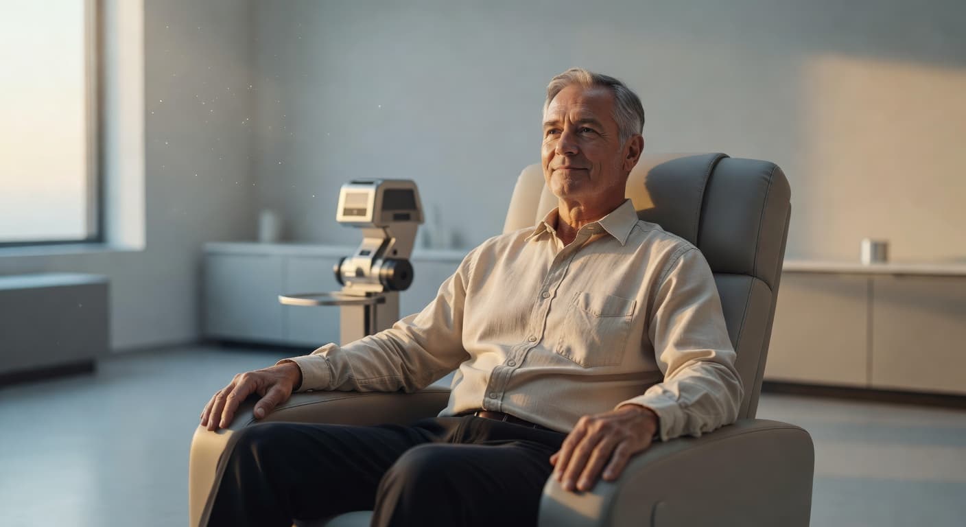 Senior man relaxed and recovered after Prostate Artery Embolization (PAE) — non-surgical BPH treatment that preserves sexual function